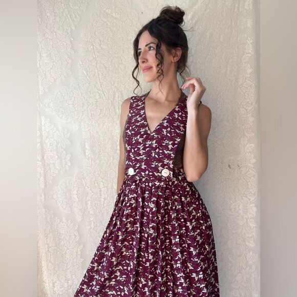 Vintage 80s Purple Floral Pinafore Dress 100% Rayon Apron Style Overall Dress - Picture 9 of 11